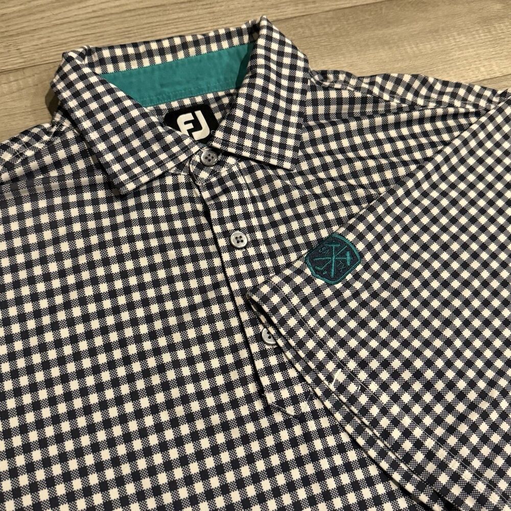 FootJoy FJ Golf Polo Shirt Men’s Size L Black White Gingham Check Stretch Golf